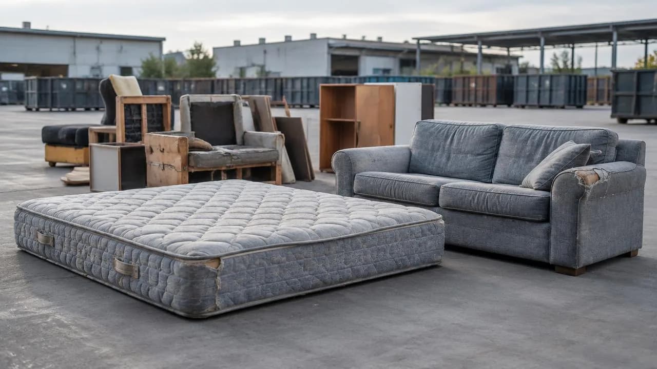Illustration of a discarded mattress, sofa and mixed furniture awaiting bulky waste processing