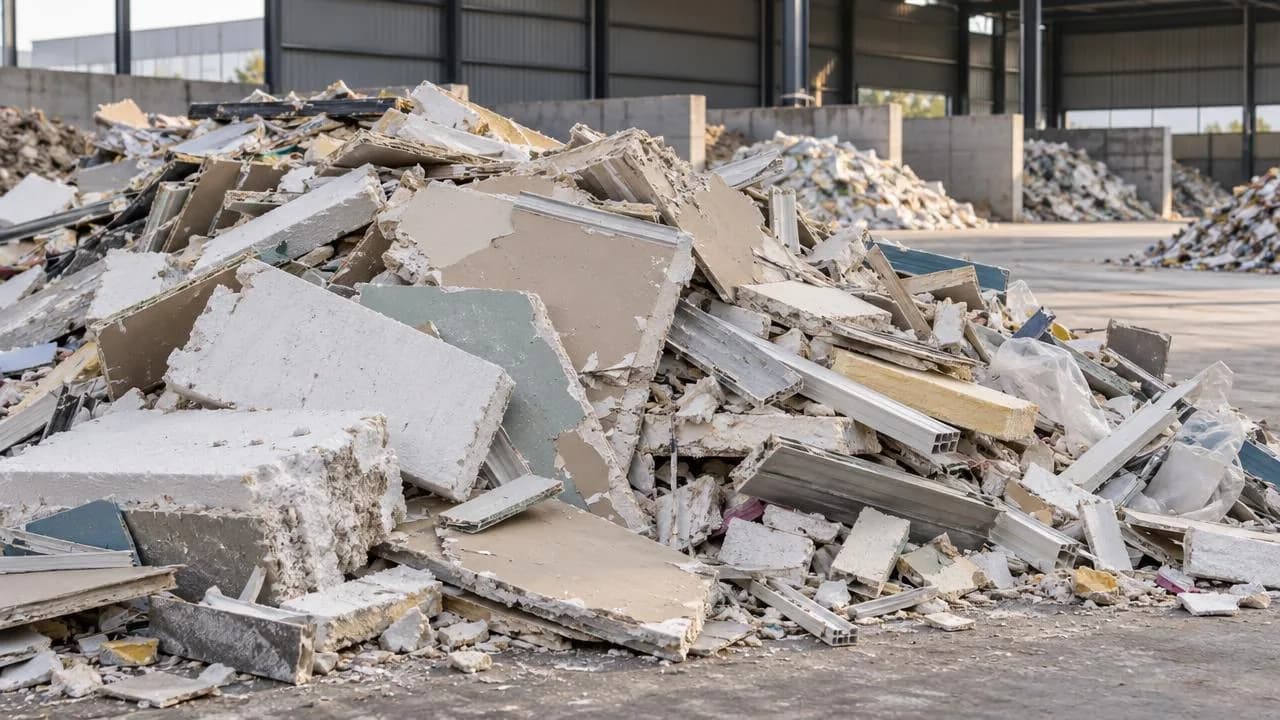 Illustration of broken plasterboard and mixed lightweight renovation waste at a sorting site