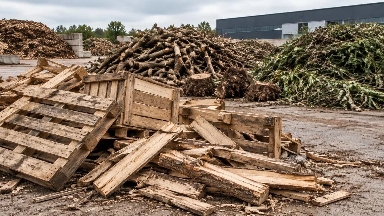 Illustration of discarded wooden pallets, packaging crates, branches and tree stumps at a recycling yard